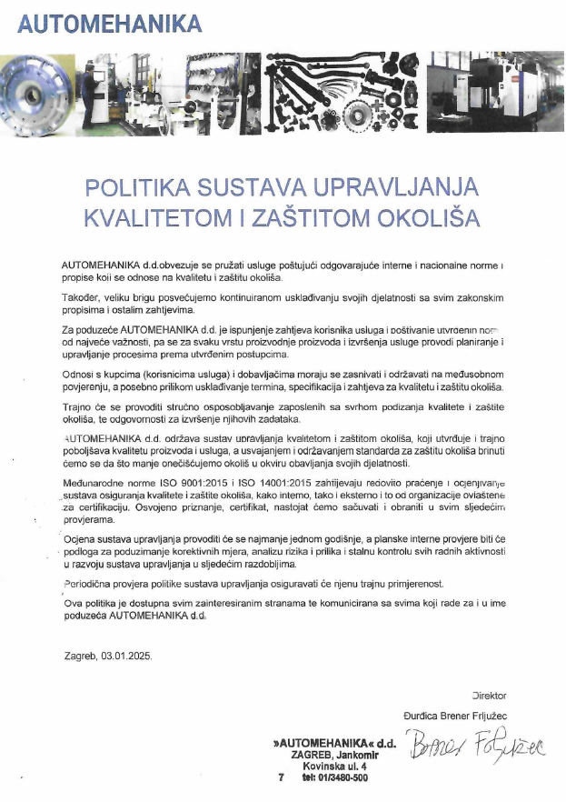 Politika sustava upravljanja kvalitetom i zaštitom okoliša 2025